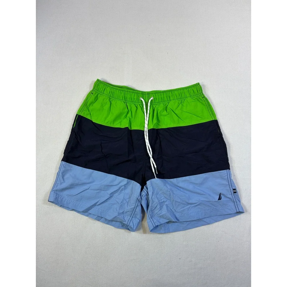 Nautica Mens Colorblock Swim Trunks Green Navy Blue Mesh Lined Size Medium